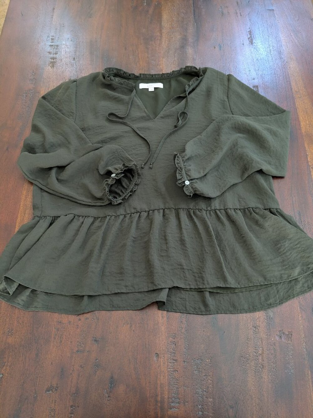 LOFT Olive Green Ruffle Neck Peplum Blouse (XL)